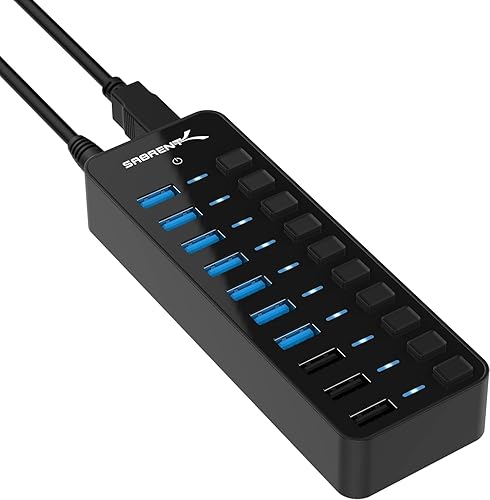 SABRENT 10-Port USB 3.0 Hub, Individual Power Switches and LEDs, 3 Smart Charging Ports, 60W Power Adapter, for PC, Mac, Xbox, PS5, Laptop, Desktop, USB Devices (HB-B7C3) - 7 + 3 Charging Ports