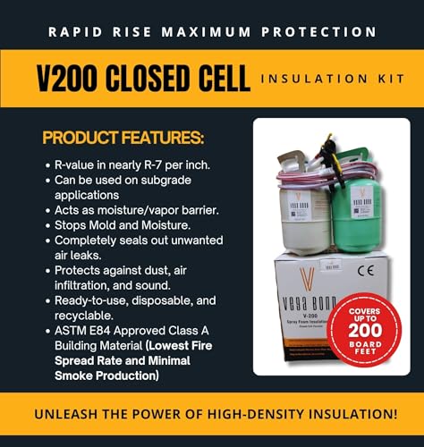 Vega Bond V200 Closed Cell Spray Foam Insulation Kit – Low GWP, Ships to All States, 200 Board Feet, High Density 2-Component, R-7 per Inch, Quick Cure, Vapor Barrier for Walls & Roofs