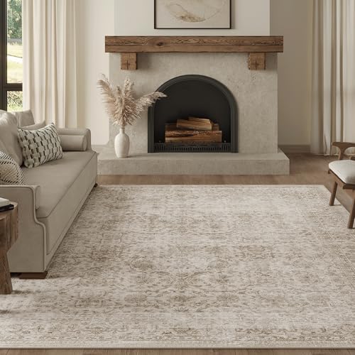 FMFUNCTEX 8x10 Washable Area Rug Beige Vintage Neutral Distressed Large Non Slip Carpet for Living Room Bedroom Soft Low Pile Indoor Mat Retro Floral Throw Rug for Dining Room Kitchen Office Nursery