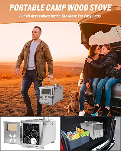 Wood Stove For Hot Tents, Rikuy 304 Stainless Steel Wood Burning Stove With Chimney Pipes For Tents, Shelter, Outdoor Portable Camping Stove For Heating And Cooking, Includes Spark Arrestor And Gloves #TOP4