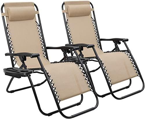 Devoko Set of 2 Zero Gravity Lounge Chairs, Outdoor Folding Adjustable Steel Mesh Recliner Chairs with Cup Holder & Removable Pillow for Patio Garden Lawn Beach (Beige)