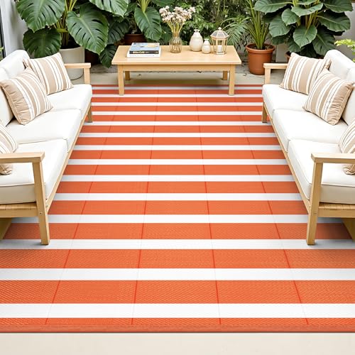 Vaukki Waterproof Outdoor Rug 6x9 Reversible Striped Patio Rug Lightweight Plastic Straw Camping Mat Indoor Outdoor RV Carpet for Outsides Patio Camping Balcony RV and Deck Orange and White