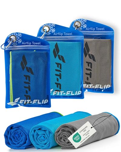 Fit-Flip Kühltuch 3er Set – kühlendes Handtuch Fitness und Sport – mikrofaser kühlhandtuch – Airflip kühltücher – cool Ice Towel (dunkelblau-grün/grau-blau/blau-dunkelblau, 100x30cm)