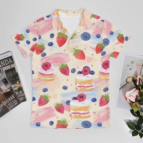 Boys' Classic Polo Shirts Short Sleeve Moisture-Wicking Golf & Tennis Shirts for Youth Teens Strawberry and Blueberry Cake3