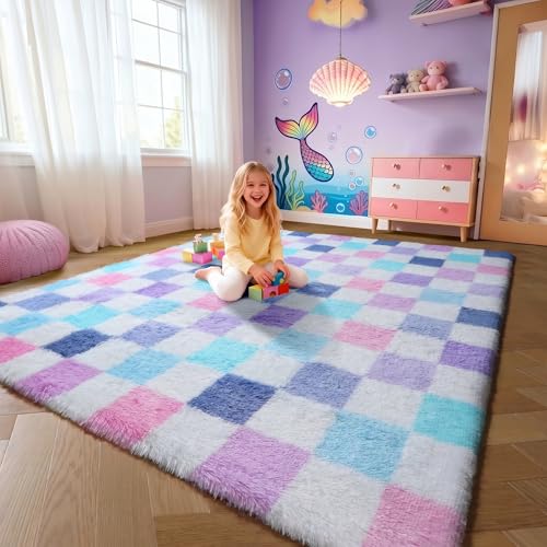Image of KICMOR Purple Rainbow Checkered 5x7 Area Rugs for Living Room, Colorful Fluffy Soft Fuzzy Shag Shaggy Bedroom Carpet, Cute Indoor Furry Plush Rug for Kids Girls Dorm Nursery Home Decor Aesthetic