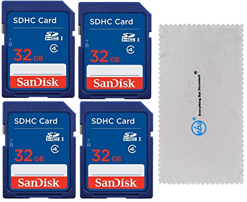 SanDisk 32 GB Class 4 SD HC Flash Memory Card - 4 Pack With Everything But Stromboli (tm) MicroFiber Cleaning Cloth