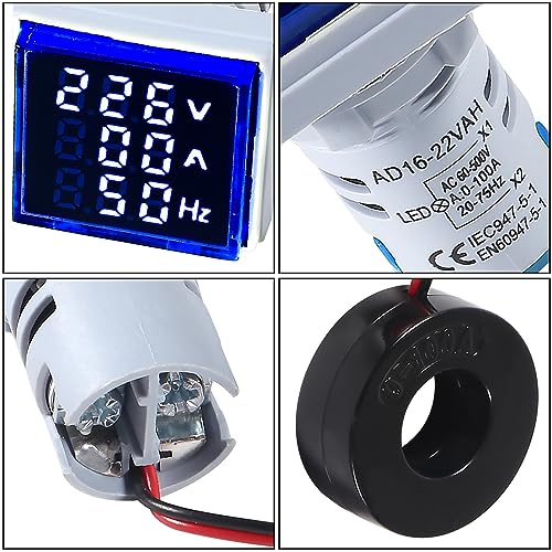 Image of Alinan 3 in 1 60-500V 0-100A AC Digital Ammeter Voltmeter, 22mm Square Digital Tube Screen with Transformer, LED Display Voltage Detector Current Tester Gauge(Blue)