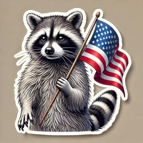Image of Raccoon Patriot Sticker - 4 Inch Cute American Flag Vinyl Decal for Car Bumper, Yeti, Laptop, Toolbox - Funny Waterproof Raccoon Sticker for Adults, Window, Wall, Cooler
