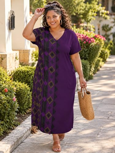 Image of Plus Size Maxi Dress for Women Short Sleeve V Neck Casual Loose Sundress with Pockets