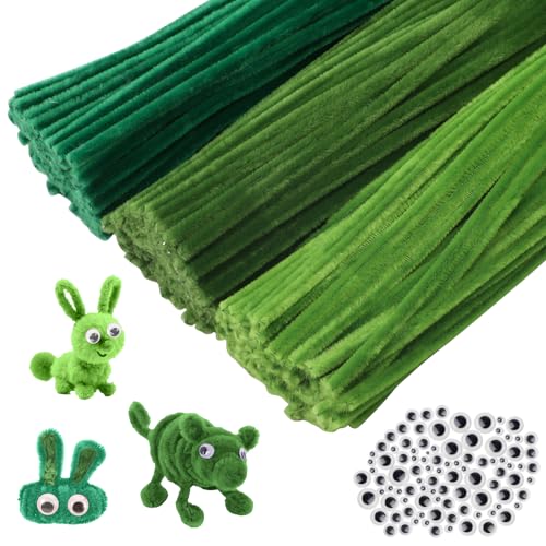 YFLeomry 300 Stück Pfeifenputzer zum Basteln,3 Verschiedene Grün,Chenilledraht Pipe Cleaner für Kreative DIY Projekte und Basteldekor ，Pfeifenreiniger zum Basteln grün mit 100 Kulleraugen