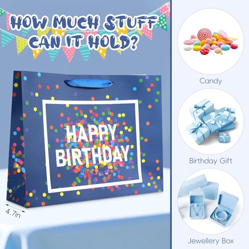 Image of JMANNI Large Happy Birthday Gift Bag with Tissue Papers and Greeting Card,Portable Paper Gift Bags with Handles, Navy Blue Present Bags for Women Men Birthday Party Supplies 13 inch x 10.2 inch x 4.7 inch