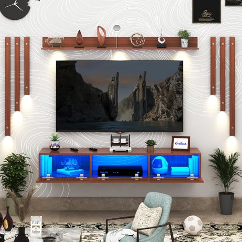 Image of Anikaa RayzaNote Engineered Wood Wall Mount TV Unit Acrylic Blue LED Storage Box, Side Wooden Accent Spot Light I Deal for Up to 50 Inch TV Walnut - DIY Installation