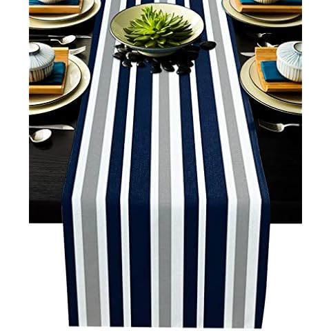 Stripe Table Runner-Navy Blue Gray White Cotton linen-Small 36 inche Dresser Scarves,Farmhouse Tablerunner for Kitchen Coffee/Dining/Sofa Table Bedroom Home Living Room,Scarf Decor for Holiday Dinner Cover