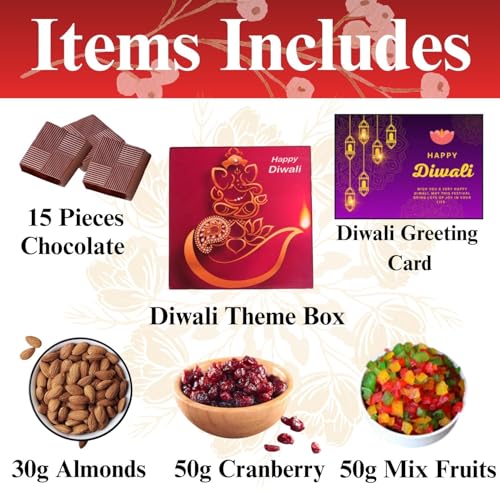 Image of Expelite Dry Fruit Gift Pack Diwali Box | 25 Piece Box, 30g Almonds, 50g Cranberry, 50g Mix Fruit and 15 Pcs Chocolate |Diwali Gifts for Family and Friends