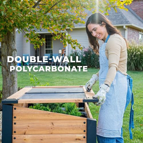 Image of Backyard Discovery Aggie 4' x 2' Cedar Wood Cold Frame Portable Mini Greenhouse, Raised Garden Planter with Temperature-Activated Polycarbonate Lid, Mesh Drainage for Year-Round Outdoor Gardening