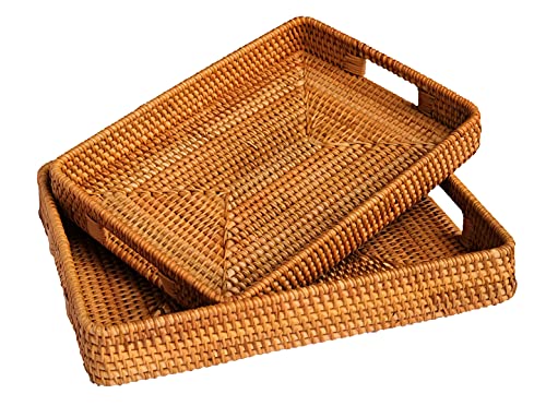 Rectangular Wicker Serving Tray-Set Of 2- W/Inbuilt Handles-Handmade Woven Rattan Storage Basket-Decorative Coffee Tabletop Tray-Boho Flat Bathroom Organizer-(L- 15.4"X2.4" M- 13.7"X 2") #TOP2