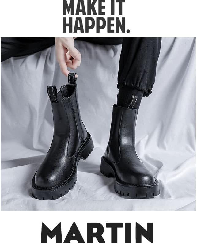 Men's Leather Platform Chelsea Boots Lug Sole Chunky Heel Brogue Dress Ankle Boots Round Toe Retro Slip-On Oxfords Boot - Image 2