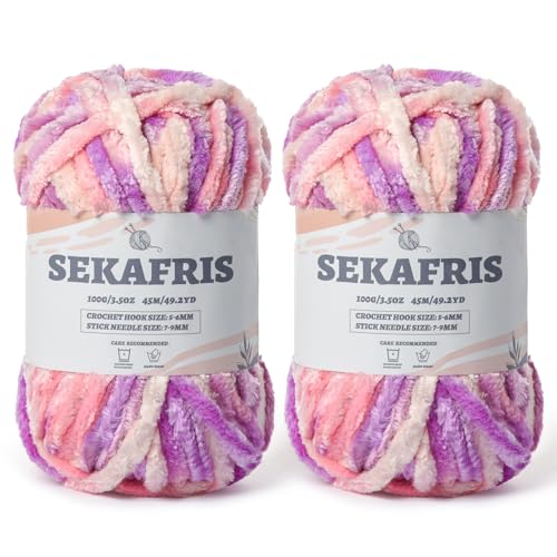 Image of Chenille Velvet Soft Yarn Pinkish Purple 2 Pack | 200g /98.4yds Fuzzy Chunky Chenille Yarn for Crocheting Plush Yarn for Hand Knitting Amigurumi Fluffy Yarn
