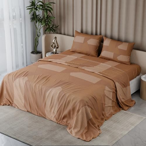 Image of BLISSHOME Everlast 150TC King Size Printed Bedsheet with 2 Pillow Covers for Double Bed, Aesthetic Bedding, Wrinkle Resistant, 100+ Wash Durable, Quick Dry, Geometric Pattern - Gold (228cm x 274cm)