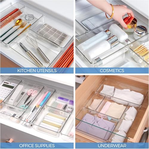 Image of 6-Piece Clear Desk Drawer Organizer Trays Set, Unbreakable Plastic Storage Containers, Bins, Bathroom Drawer Tray, Multi-Size Dividers for Office and Home Organization, 6-Piece Set