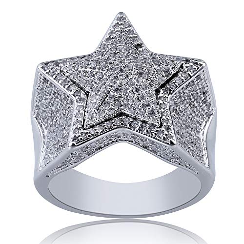 18K Gold Plated Hip Hop Rings,CZ Crystal Fully Iced out Hip Hop Bling Cuban 3D Star Punky Ring for Men(7-11) Cover