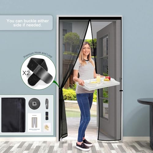 VERDICKTER Fliegengitter Tür Moskitonetz Tür Magnet Vorhang Insektenschutz für Balkontür, Kellertür und Terrassentür Kinderleichte Klebemontage Ohne Bohren, Schwarz, 100x220cm