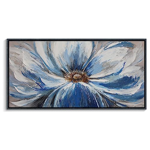 Image of Large Blue Wall Art Framed, Flower Botanical Wall Art for Living Room Bedroom, Modern Aesthetic Floral Picture Home Canvas Artwork, 29x58 Inch Black Frame Ready to Hang