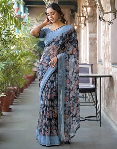 Image of SIRIL Women's Chiffon Printed Saree with Unstitched Blouse Piece