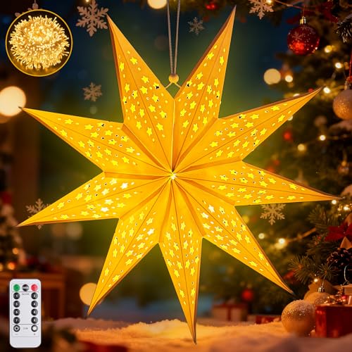 Papierstern Lampenschirm,50cm LED Papiersterne Zum Aufhängen mit Fernbedienung und Timer,Papierstern mit Beleuchtung 8 Leuchtmodi,Papierstern Beleuchtet zum Aufhängen,Weihnachtsstern Beleuchtet
