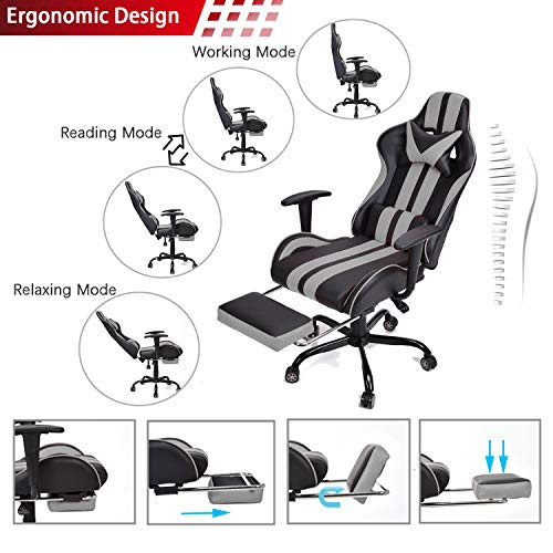 Massage Racing Chair for Gaming,PC Gaming Chair,Video Game Chair,Computer Chair, E-Sports Chair,Ergonomic Office Chair with Retractable Footrest and Adjustable Headrest and Lumbar Support(Cool Grey)