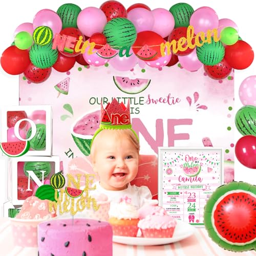 Hombae One In A Melon Party Decorations, Watermelon 1st Birthday Party Decorations Balloon Garland Highchair Photo Banner Box Crown Poster One Little Sweetie Is One In a Melon Pink Green Red