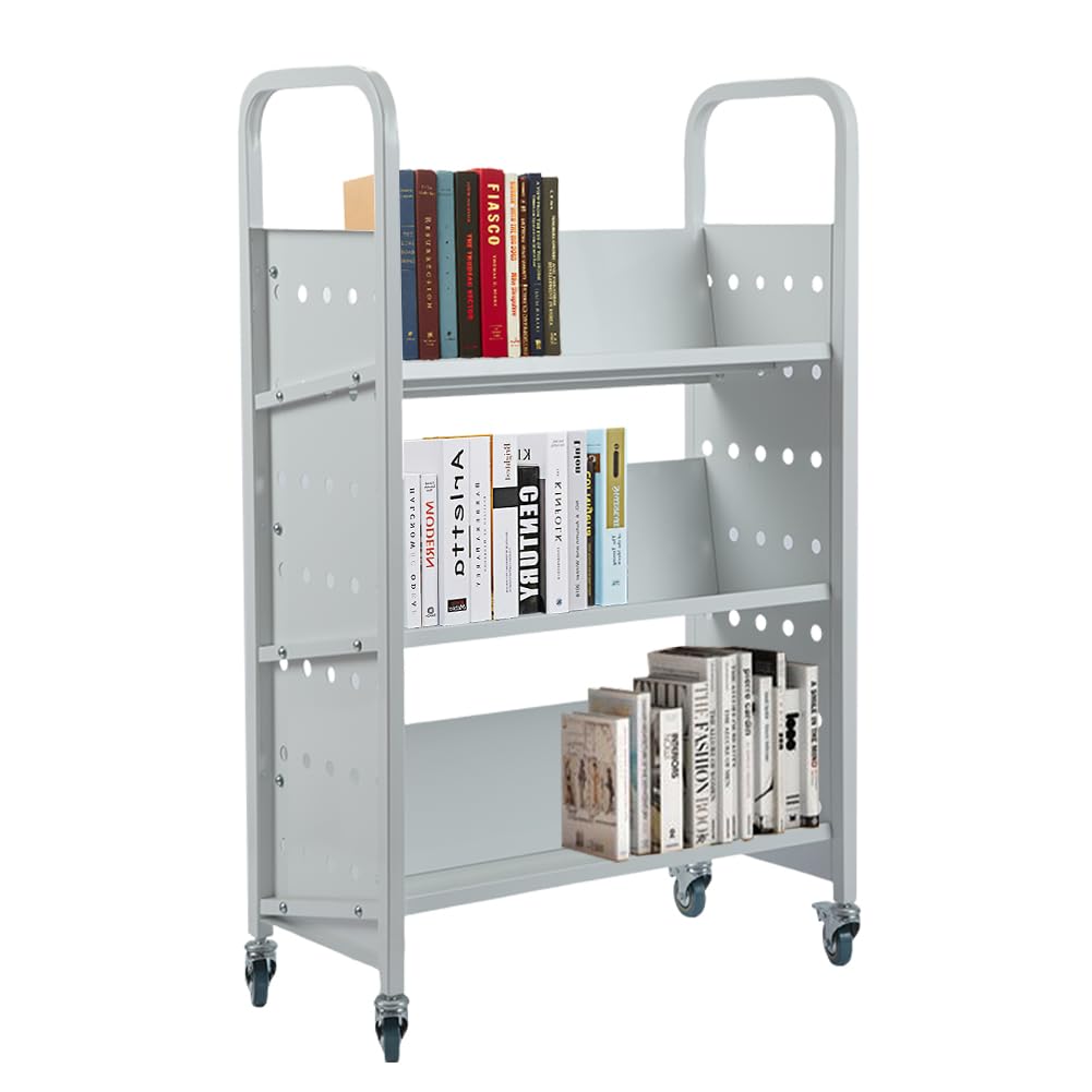 PioneerWorksThree-Tier V-Shaped Library Book Cart, 200LBS Loading Capacity, Silver