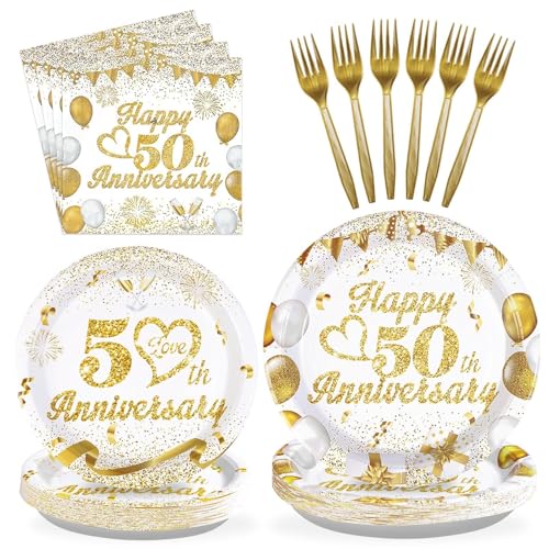 Grencian 96pcs 50th Wedding Anniversary Decorations Golden 50th Anniversary Party Plates and napkins White and Gold Paper Tableware Set Party Supplies Party Favors for Men Women Parents Serve 24