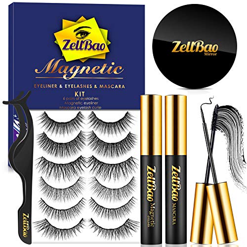 (6 Pairs) Reusable Magnetic Eyelashes, ZellBao Magnetic Eyeliner and Lashes Waterproof Magnetic Eyelashes Kit, Silk False Lashes with Mirror and Tweezers, Waterproof Magnetic Eyeliner Kit and Mascara