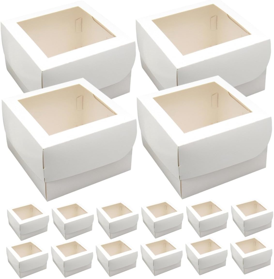 25pcs 4-inch Cake Boxes with Window and Food-grade Paperboard Square Elevated Cupcake Carrier Boxes with Paper Trays Top Bakery Treat for Pastries and Takeout