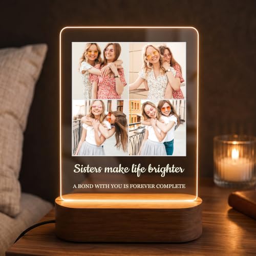 Image of Giftplease Personalised Sister Photo Frame - Custom Acrylic Picture Collage with Wooden LED Base, Unique Raksha Bandhan Gift for Sister, Personalized Keepsake for Rakhi Celebration, Sibling Decor