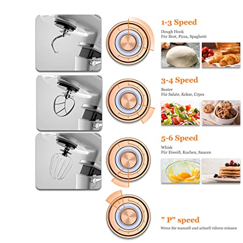 Küchenmaschine Scheffler 2000W Knetmaschine,5L Küchenmaschine XL,Teigmaschine, 6 Geschwindigkeiten, 8 weiteren Zubehörteilen inklusive, Knethaken, Flachrührer, Schneebesen (5L-Silver) – Bild 5