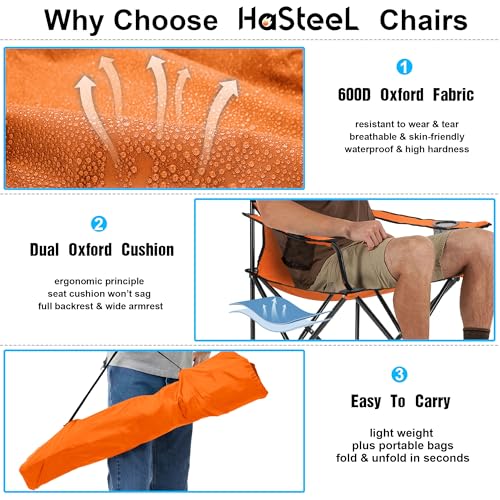Image of HaSteeL Camping Chair for Adults, Folding Beach Chair Set of 2, Large Foldable Portable Chair for Outdoors Fishing, Hiking, Sporting, Travel, Picnic, Lawn, Hold 275lbs & A Storage Bags (Orange)