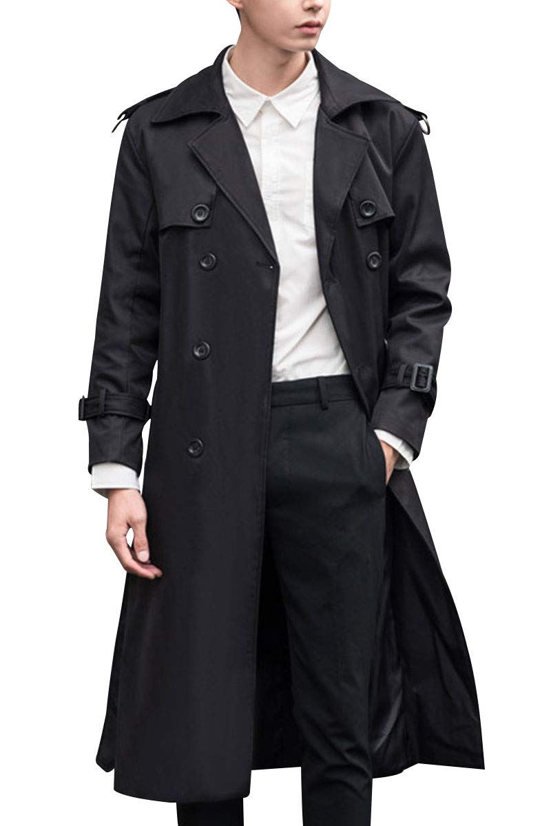 Men's Elegant Over Length Trench Coat Basic Relaxed Fit Double Breasted Jacket Classic Notched Lapel Fleece Lined Plus Size Winter Windbreaker,Black,TAG 8XL(Fits Like US 5XL)