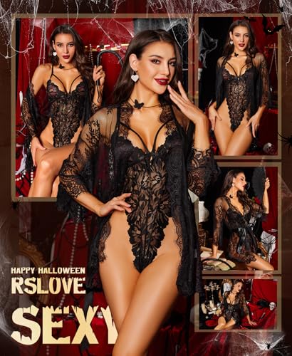 RSLOVE Sexy Dessous für Damen - Spitzen Body mit Bademantel Nachtwäsche Set Unterwäsche Negligee – Bild 3