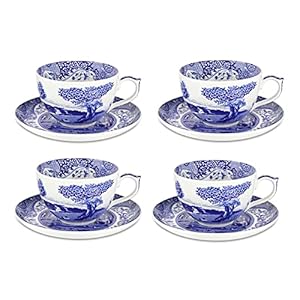 Spode Blue Italian Teacups and Saucers | 7 Oz Cups for Coffee, Tea, and Hot Cocoa | Fine Earthenware | Microwave and Dishwasher Safe | Made in England