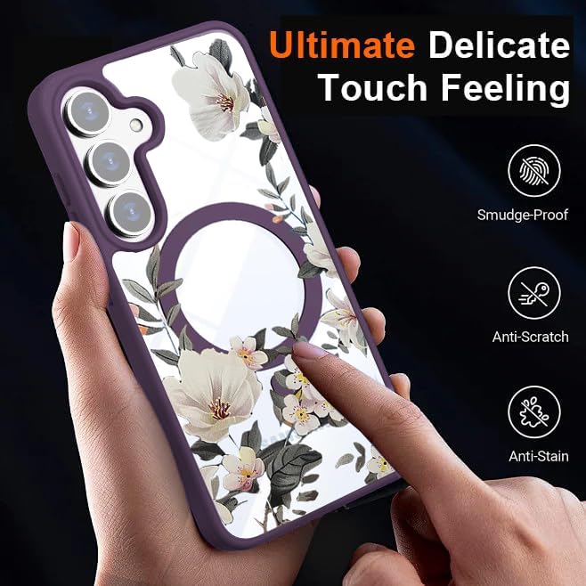 Image of VONZEE Compatible with Samsung Galaxy S25 FE 5G Case Luxury Retro Flowers Floral Clear for Magnetic Wireless Charging Case Shockproof PC+TPU Cute Glossy Shiny Cover for Girls Women, Deep Purple