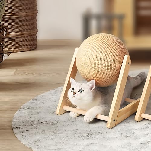 Arranhador em Formato de Bola Giratória para Gatos 4Leader: Base de Madeira Resistente e Bola Envolv