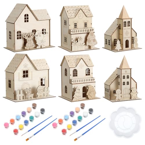 Thyle 6 Set DIY Christmas Wooden Village House Paint Craft Townhome
