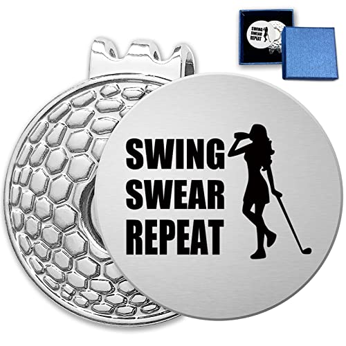 HSSPIRITZ Funny Golf Ball Marker with Magnetic Hat Clip Stainless Steel,Novelty Golf Accessory with Gift Box,Best Golf Gifts for Men Women Husband Birthday Christmas Father's Day(Swing Swear Repeat)