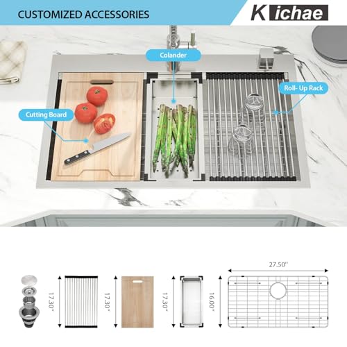 Image of Kichae 30 Kitchen Sink Drop In - 30 x 22 Drop Sink Stainless Steel 16 Gauge Ledge Workstation Single Bowl Topmount Over Mount Kitchen Sink Handmade Basin