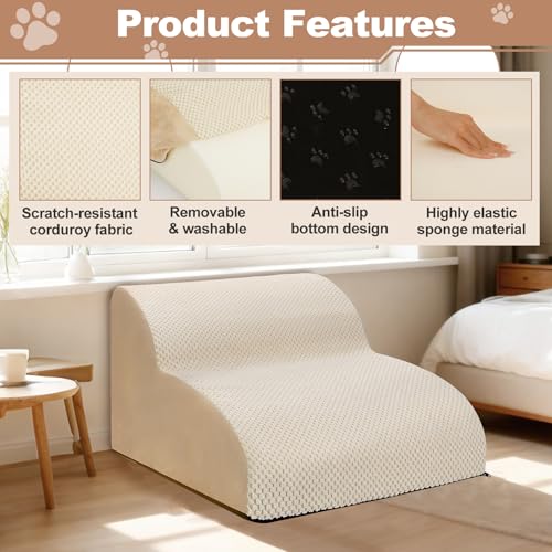 Ezvsevuo Hundetreppe für Kleine Hunde, 2 Stufen Haustiertreppe für Couch aus Hochdichtem Schwamm, Hunderampe aus Schwamm für Sofa Bett, Hunde Treppen mit Abnehmbarer Bezug, Senden Fusselrolle, Beige