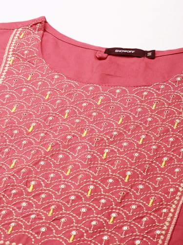 Image of SHOWOFFFF Women Solid Straight Ethnic Kurta | Round Neck 3 /4th Sleeves Cotton Kurta for Womens | Regular Fit Calf Length Kurta for Women's