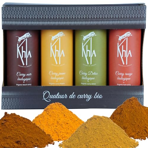 Khla - Khla - Coffret 4 Currys Bio - Curry Jaune, Curry Noir, Curry Rouge & Curry Vert Détox - Tubes Poudre 4x 100 g - Coffret Idée Cadeau - Mélanges Exclusifs Cuisine - Épice d’Asie - Origine Cambodge