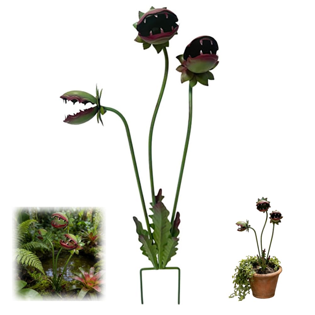 25 Inch Metal Carnivorous Plant Garden Stake, Handmade Iron Venus Flytrap Yard Art Decor, Whimsical Flower Outdoor Sculpture for Halloween Outdoor Garden Patio Lawn, Creepy Plant Lawn Decor (1 PCS)